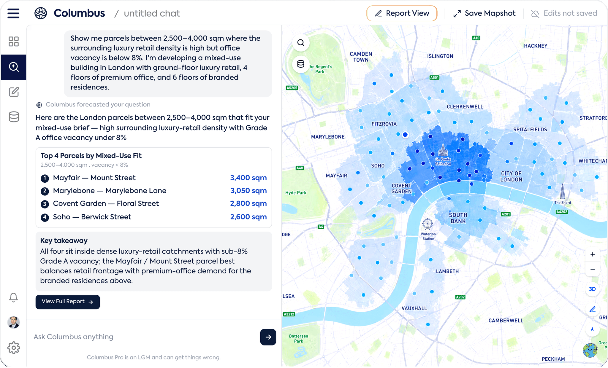 Columbus Pro map chat answering a London mixed-use development brief — a ranked list of four parcels by mixed-use fit beside a map of central London shaded by surrounding luxury-retail density.