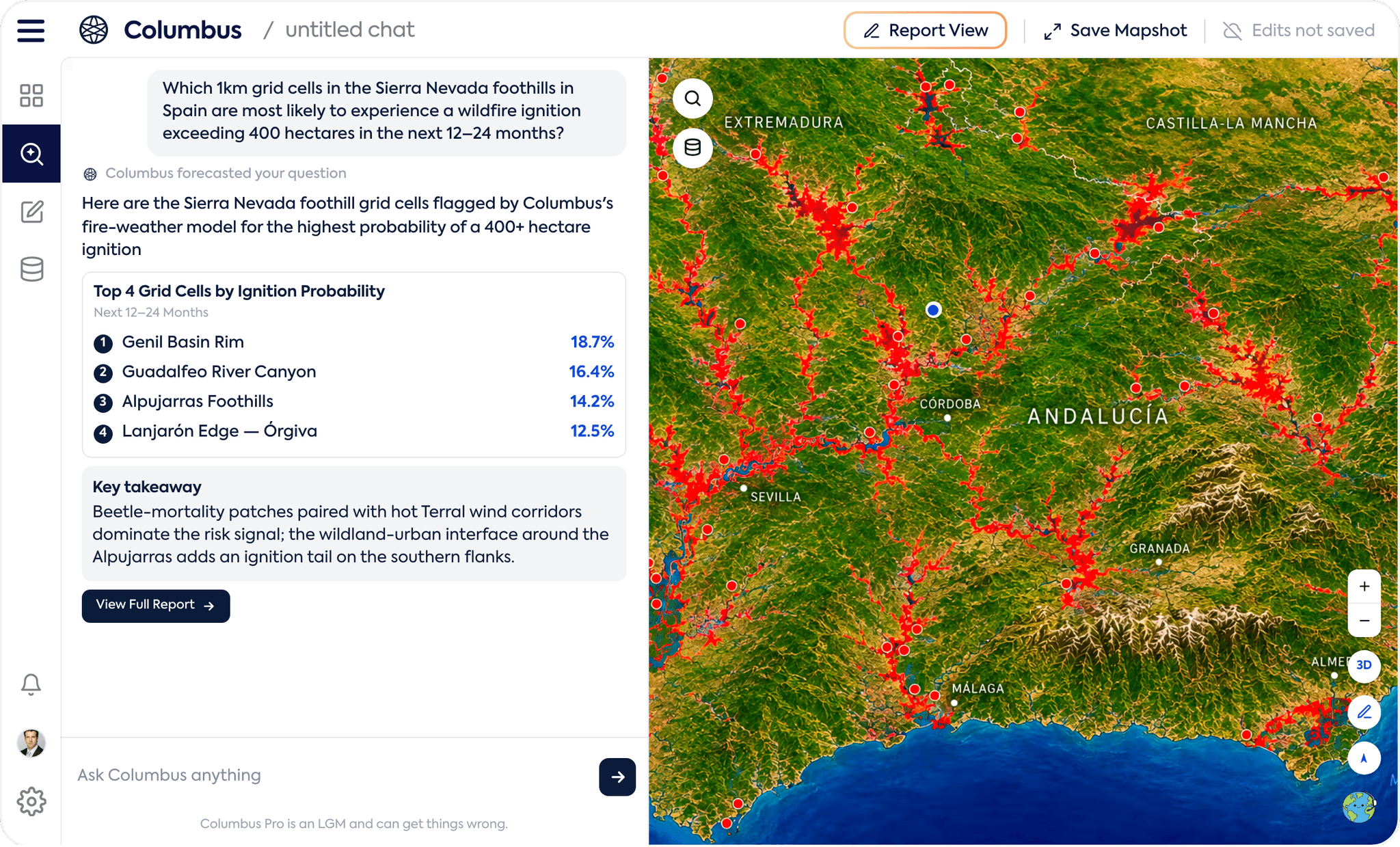 Columbus Pro map chat answering which Sierra Nevada foothill grid cells are most likely to see a large wildfire ignition — a ranked list of four grid cells by ignition probability beside a satellite map of Andalucía with wildfire-risk corridors highlighted in red.