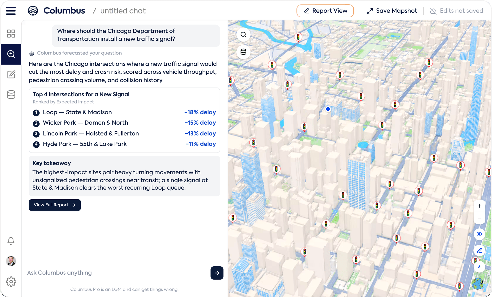 Columbus Pro map chat answering “Where should the Chicago Department of Transportation install a new traffic signal?” — a ranked list of four intersections with expected delay reductions beside a 3D map of Chicago dotted with traffic-signal markers.