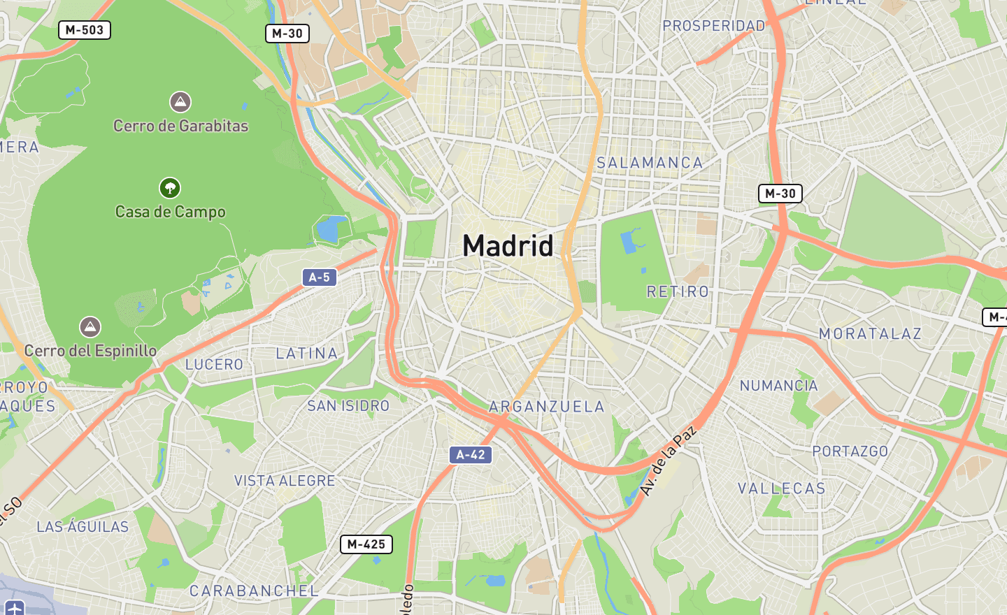 Map of Madrid with the three shortlisted hills marked: Casa de Campo Knoll and Templo de Debod Hill on the west side, Cerro del Mirador to the south-east.